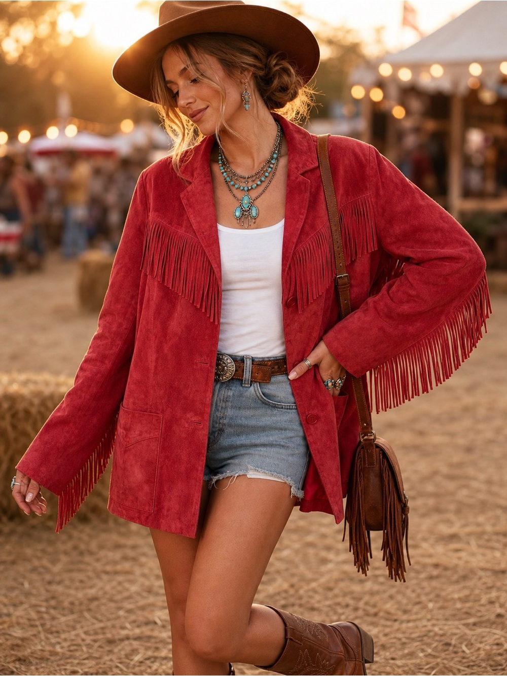 Vintage Denim & Co Red Suede Leather Fringe Western Cowgirl Festival Jacket L